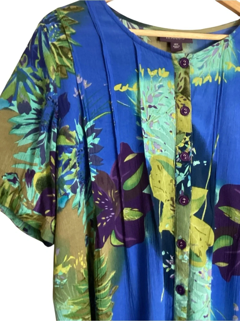 Roaman’s 14W Blue Floral Rayon Blouse Boho Artsy Button Front Top‎ Crinkle Gauze